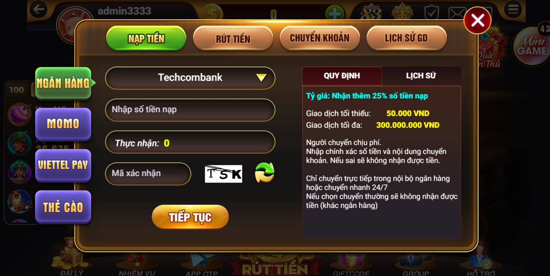 Nạp tiền qua ngân hàng tại Hit Club