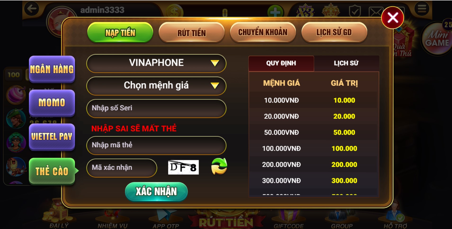 Nạp thẻ cào điện thoại vào Hitclub